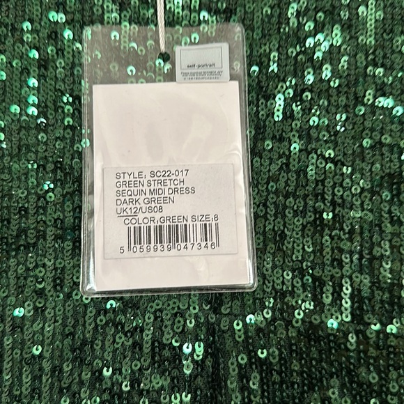 NWT Self-Portrait | Green Stretch Sequin Asymmetric Midi Dress - Picture 7 of 10